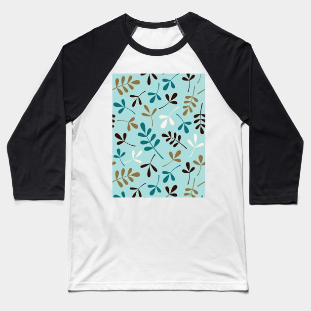 Assorted Leaf Silhouettes Teals Crm Brown Gld Baseball T-Shirt by NataliePaskell